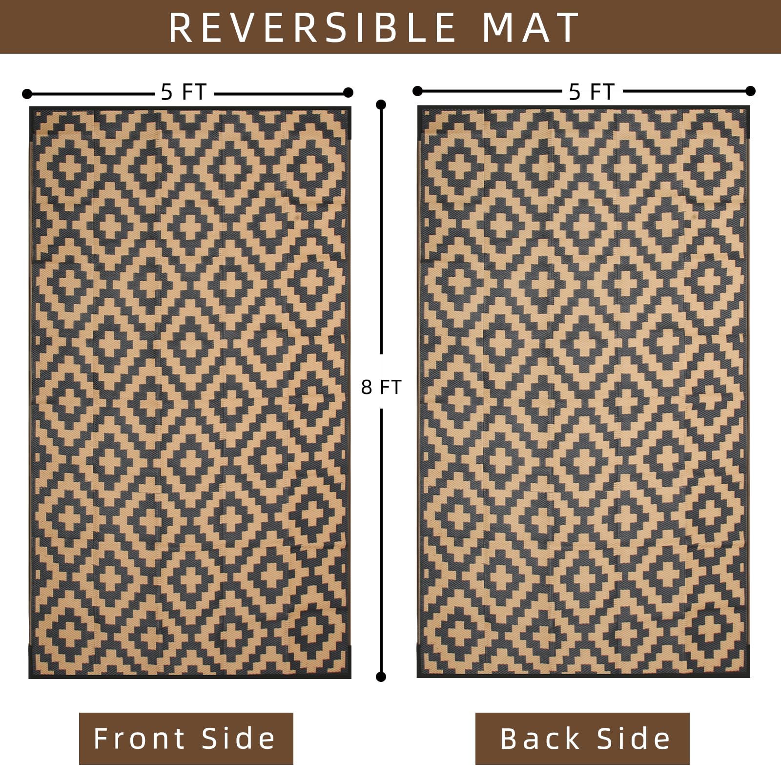 Reversible enipate geometric outdoor rug in beige and dark gray with easy cleaning for patios and decks