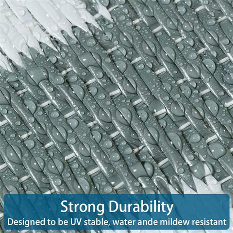 Gray woven mesh outdoor rug with textured pattern and water droplets designed to reduce slippery accidents and prevent daily fraying