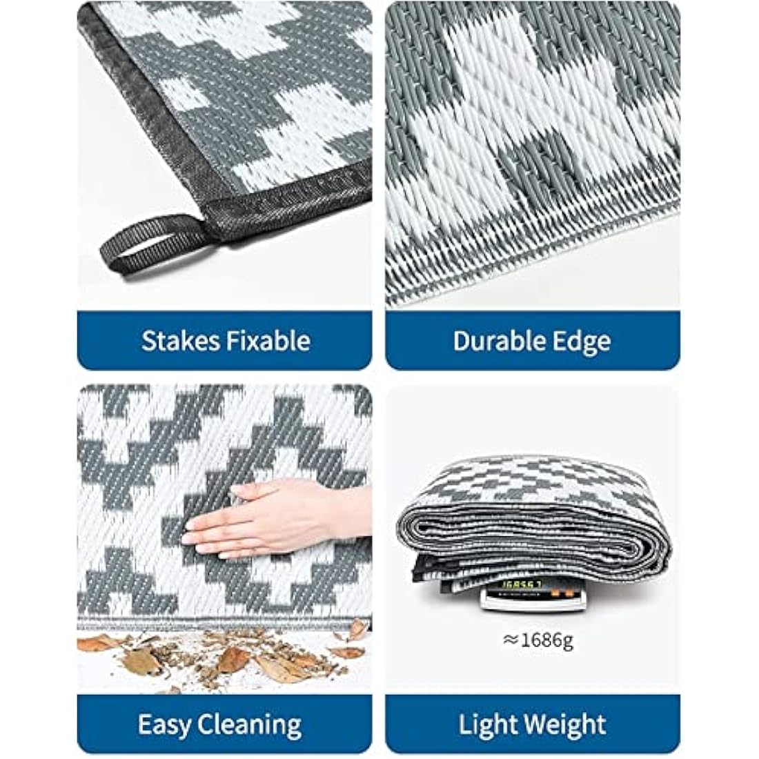 Gray and white enipate geometric outdoor rug with durable woven texture reversible and easy to clean for patios
