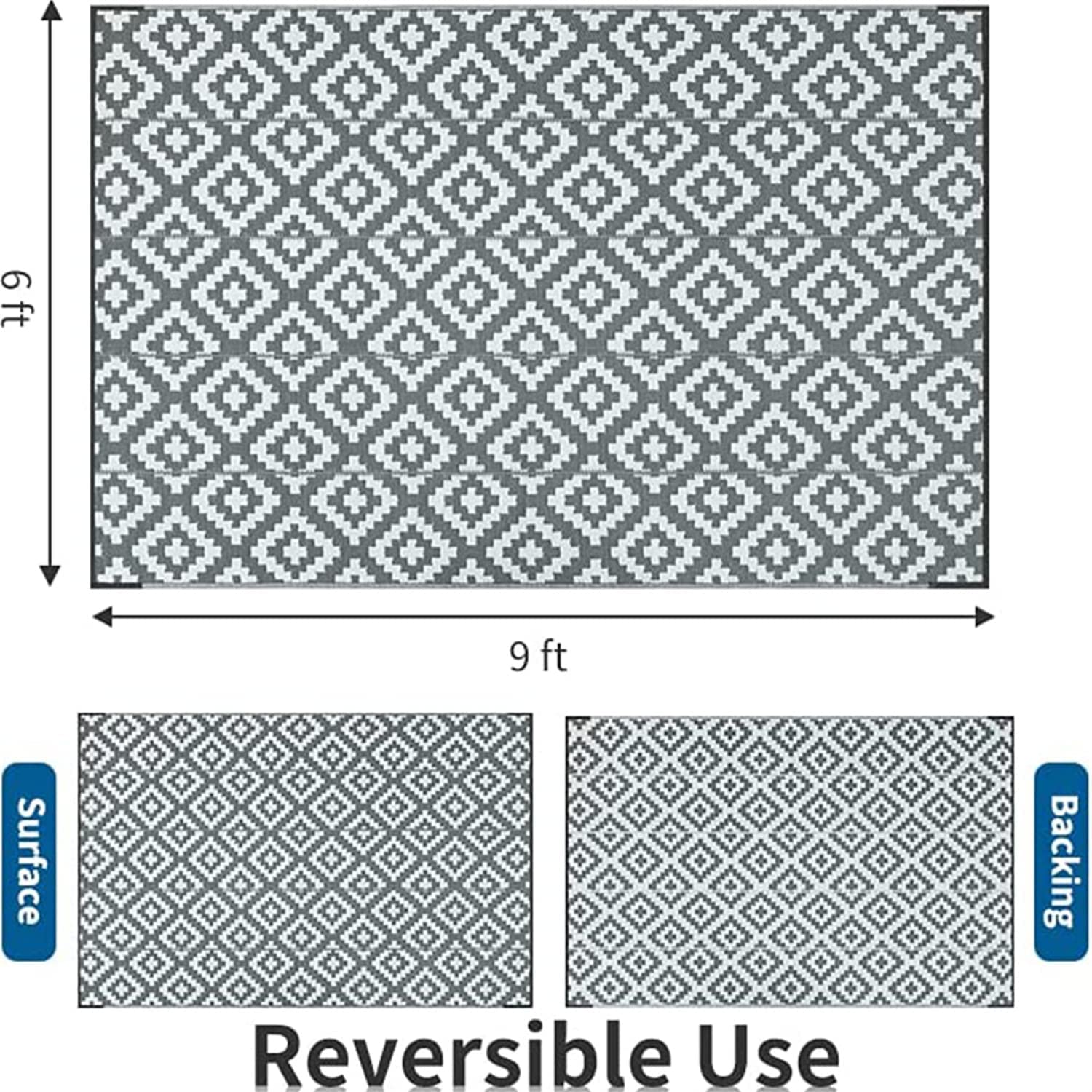 Gray and white geometric patterned reversible nylon outdoor rug with nylon corner loops to reduce slippery accidents and prevent daily fraying