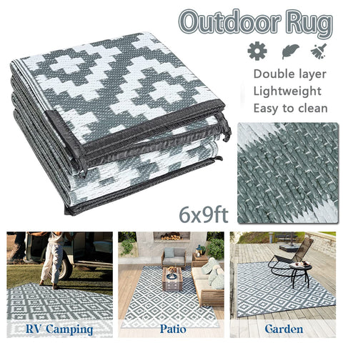 Gray and white geometric outdoor rug with double-layer woven texture and nylon corner loops to reduce slippery accidents