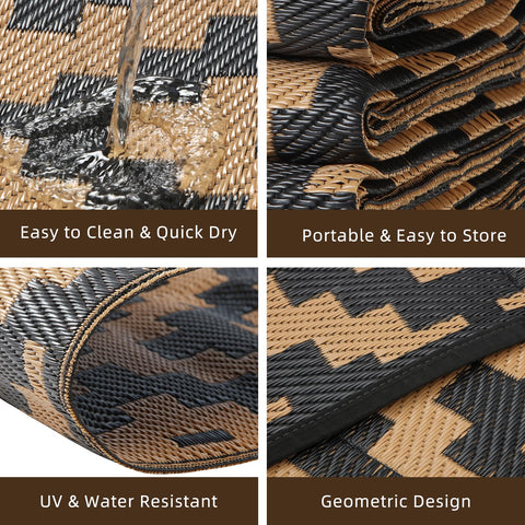 Black and tan geometric patterned woven outdoor mat with nylon corner loops to reduce slippery accidents and prevent daily fraying