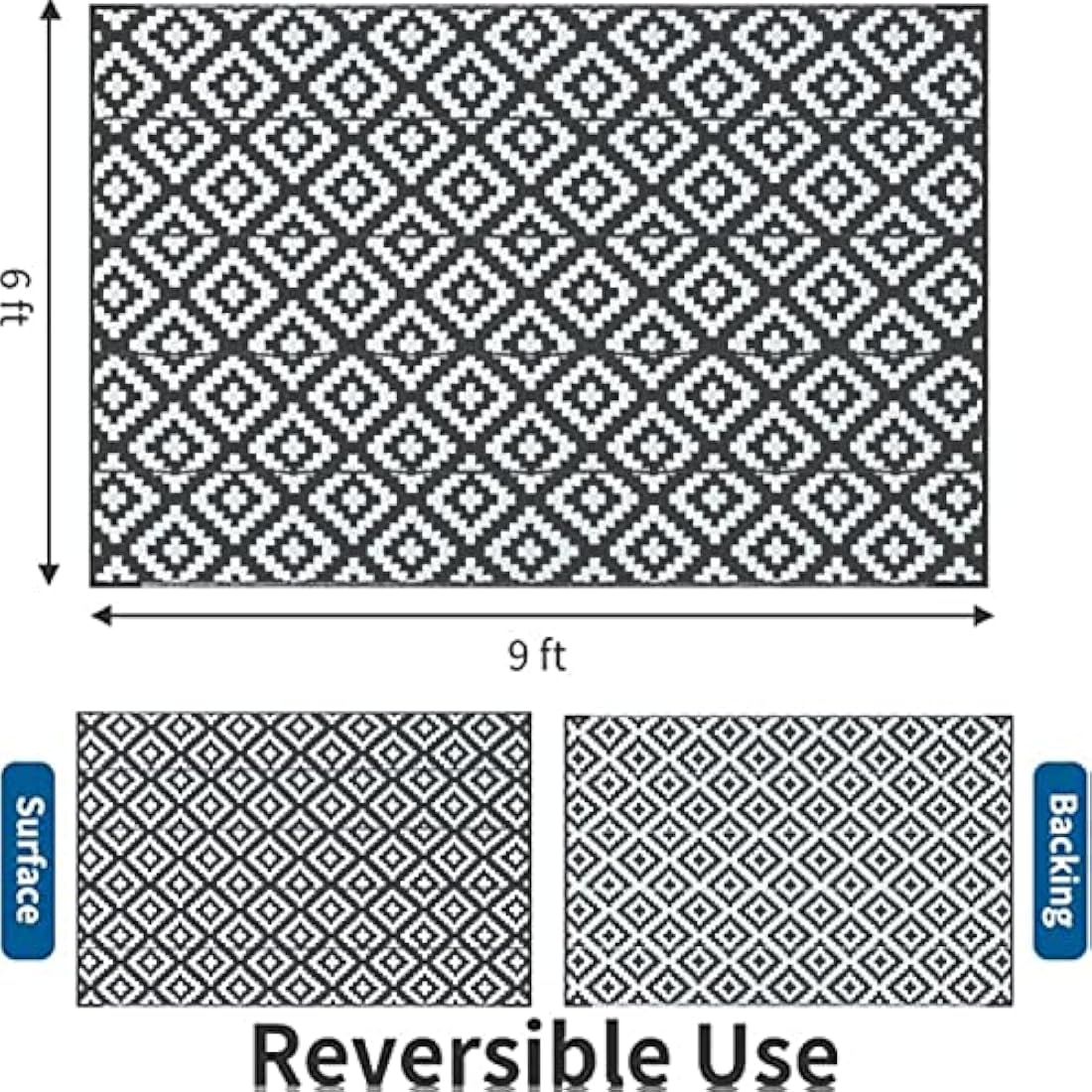 Black and white geometric patterned reversible woven outdoor rug 9x6 feet perfect for patios and decks