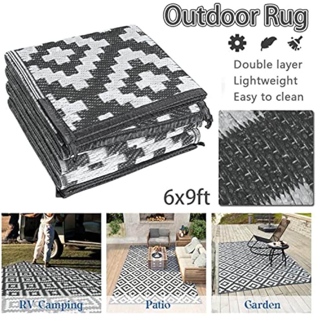 Black and white geometric patterned enipate outdoor rug with double-layer lightweight weave for patios and decks