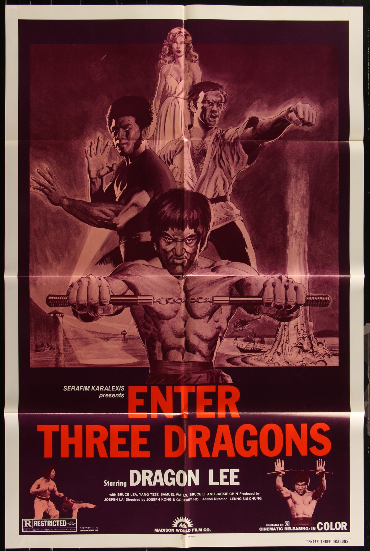 Enter three dragons movie poster shows a muscular shirtless man holding a heavy chain weapon in intense pose