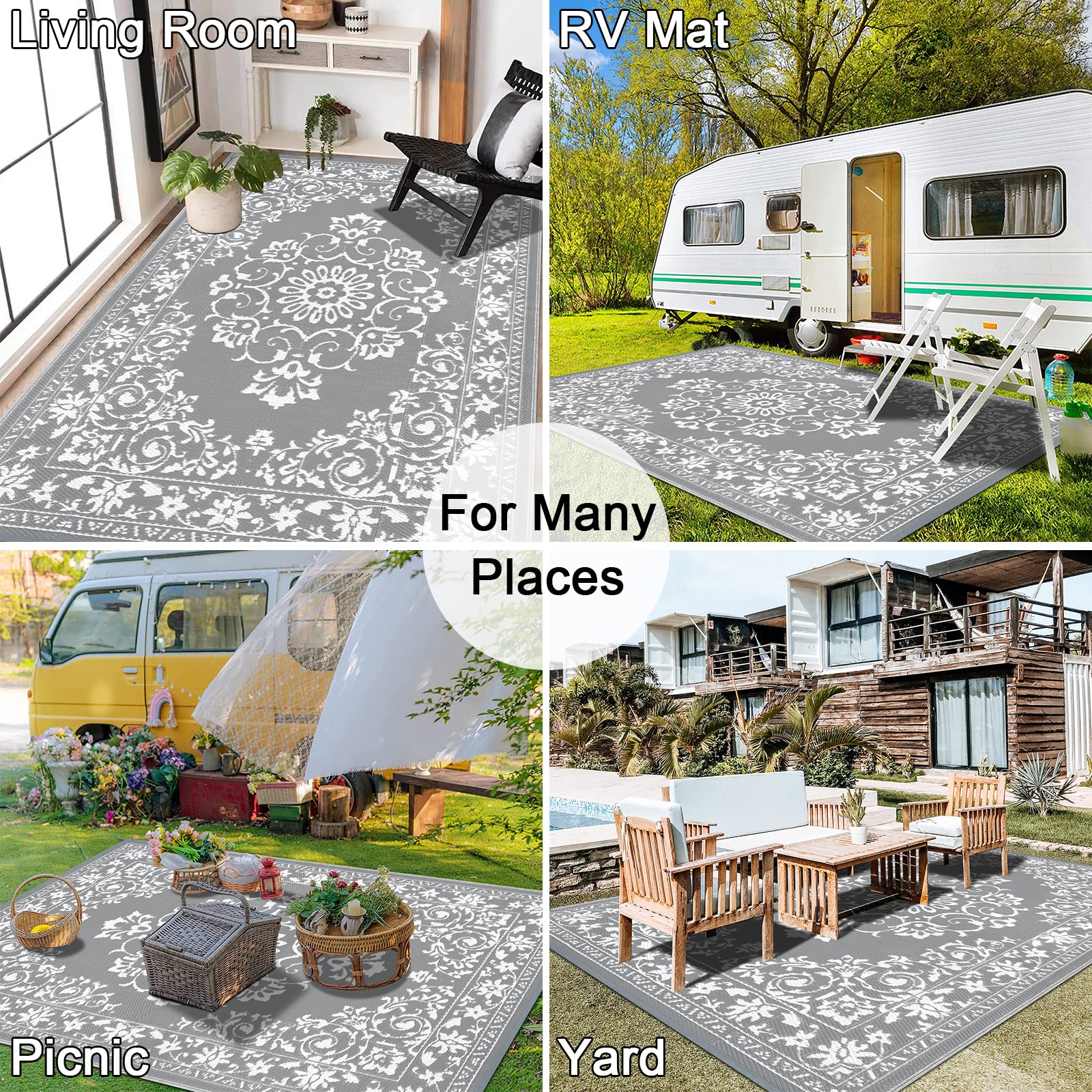 Gray outdoor patio rug with white floral scrollwork pattern waterproof durable reversible for outdoor area use