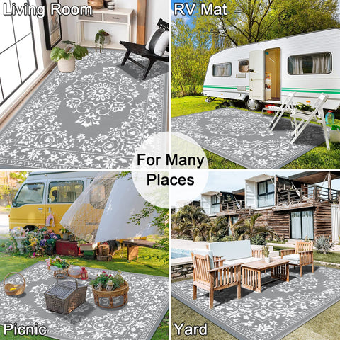 Gray outdoor patio rug with white floral scrollwork pattern waterproof durable reversible for outdoor area use