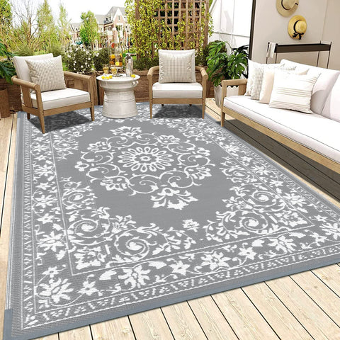 Gray waterproof outdoor patio rug with white floral scrollwork pattern reversible durable area rug 180 x 270 cm