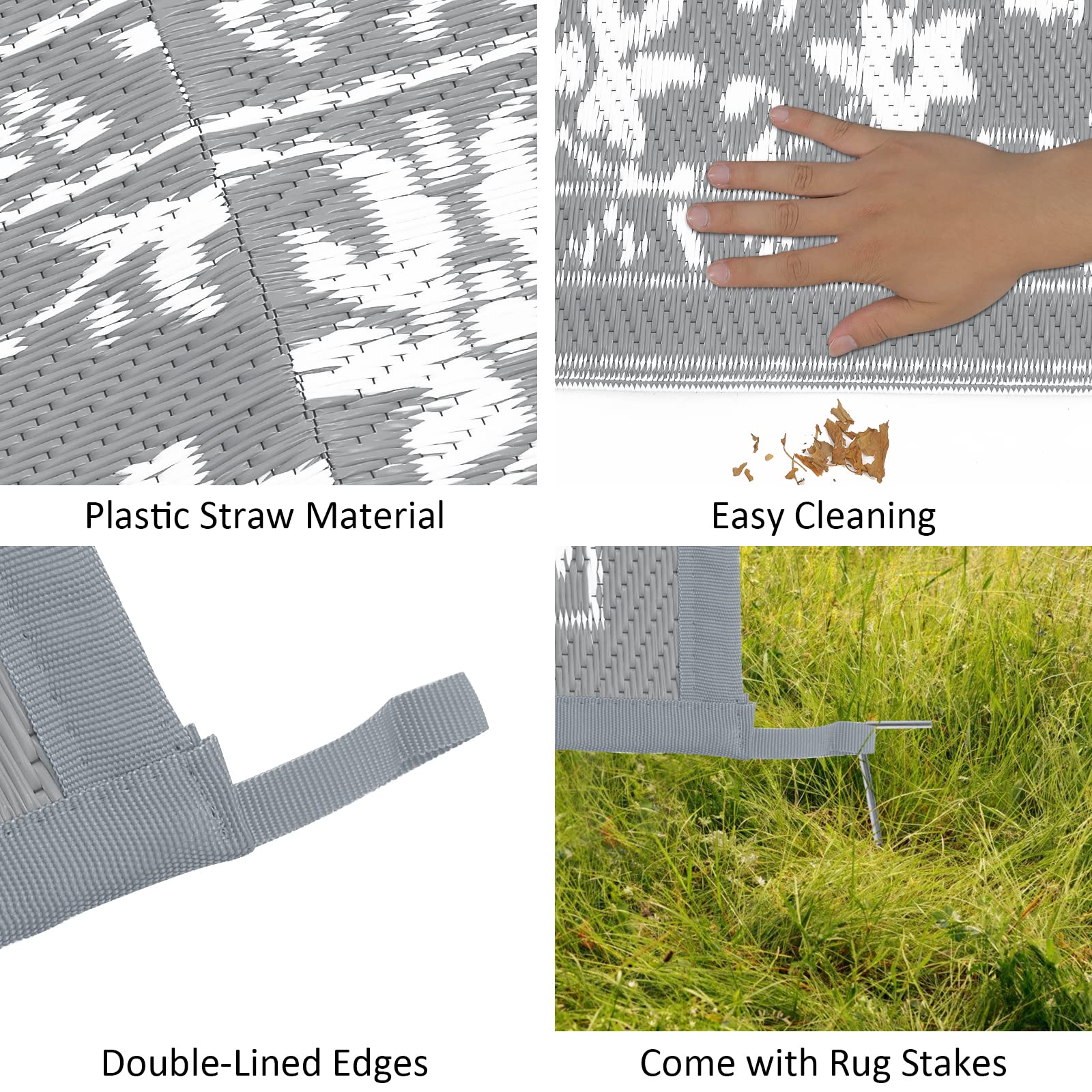 Gray plastic straw woven outdoor patio rug with double-lined edges and stakes for extra large outdoor area use