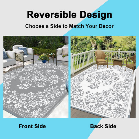 Enyhom reversible outdoor patio rug with gray and white floral pattern and detailed border for outdoor area use