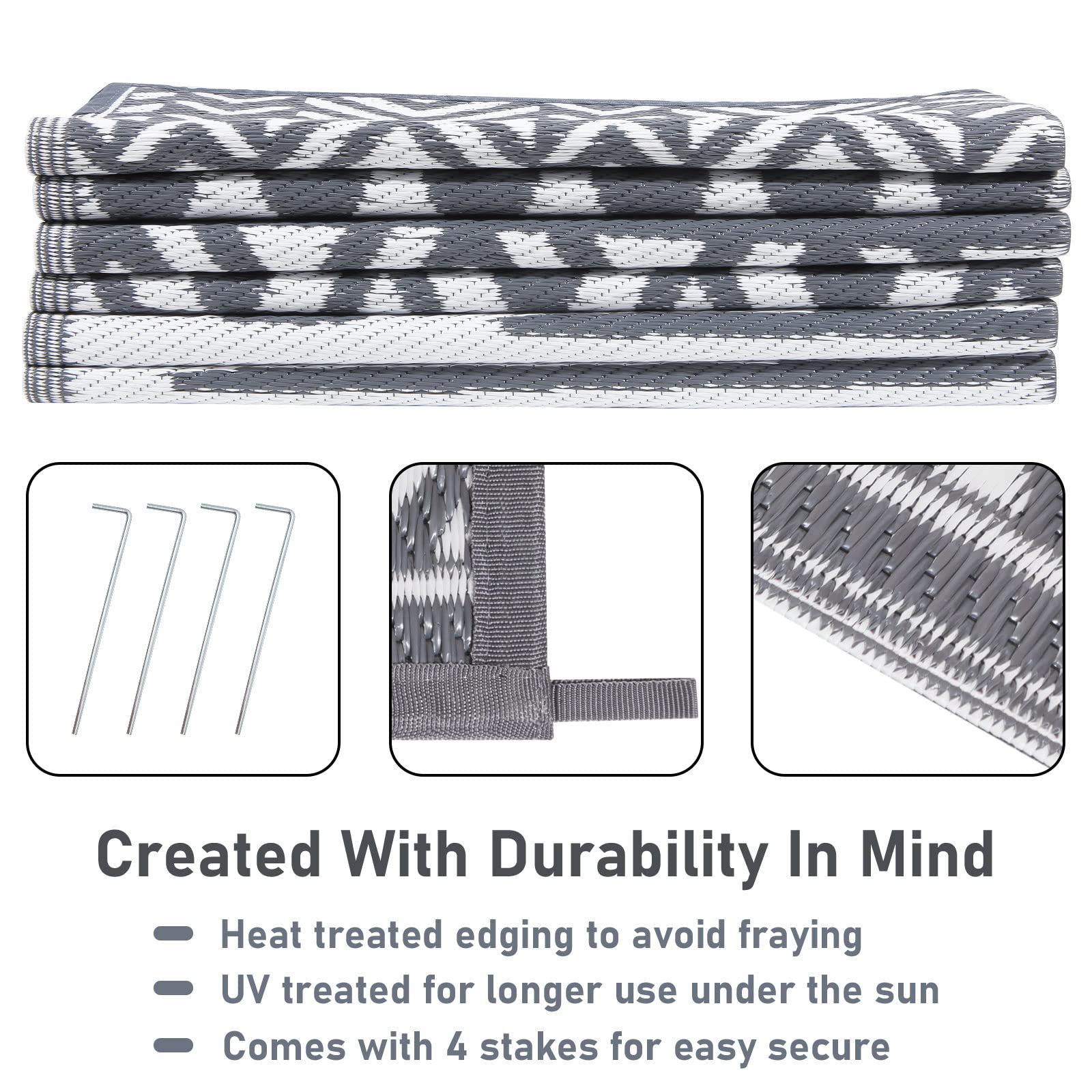 Stacked gray and white woven enyhom large grey outdoor rug with durable heat-treated edging for outdoor patio use