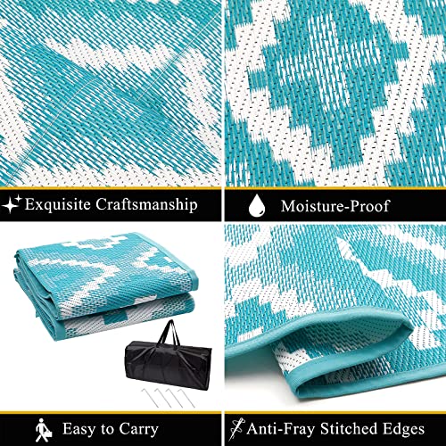 Teal and white geometric patterned enyhom large outdoor rug made of reversible waterproof plastic straw for garden use