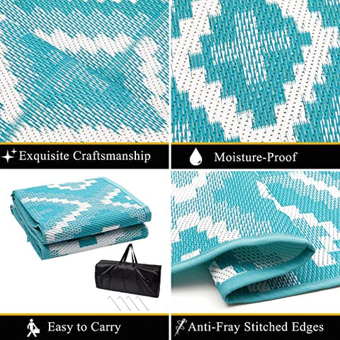 Teal and white geometric patterned enyhom large outdoor rug made of reversible waterproof plastic straw for garden use