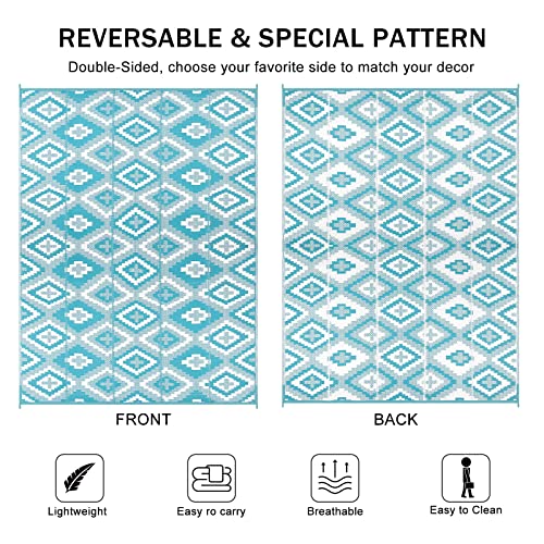 Reversible enyhom large outdoor rug with teal and white geometric pattern made of waterproof plastic straw woven material