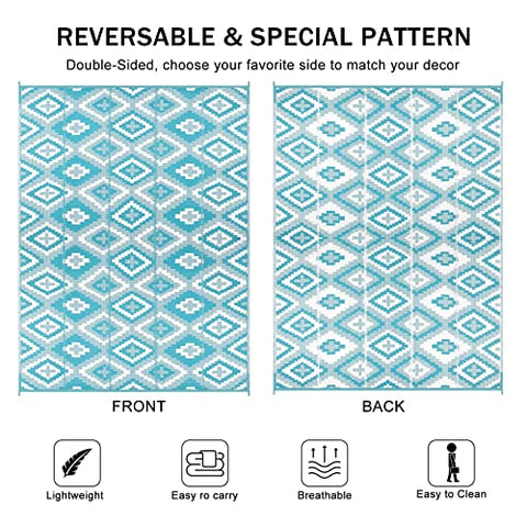 Reversible enyhom large outdoor rug with teal and white geometric pattern made of waterproof plastic straw woven material