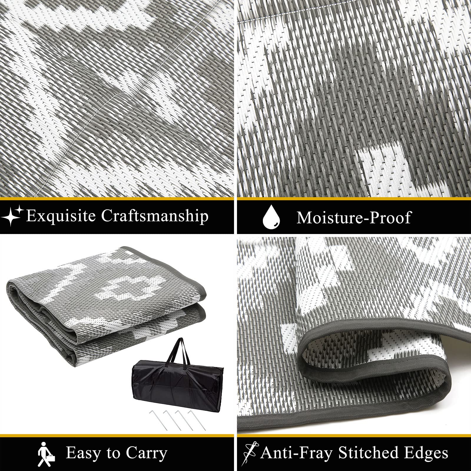 Gray and white geometric pattern enyhom large outdoor rug made of reversible waterproof plastic straw for garden use