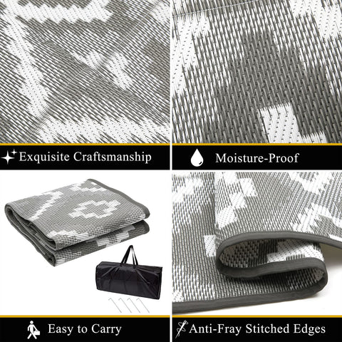 Gray and white geometric pattern enyhom large outdoor rug made of reversible waterproof plastic straw for garden use