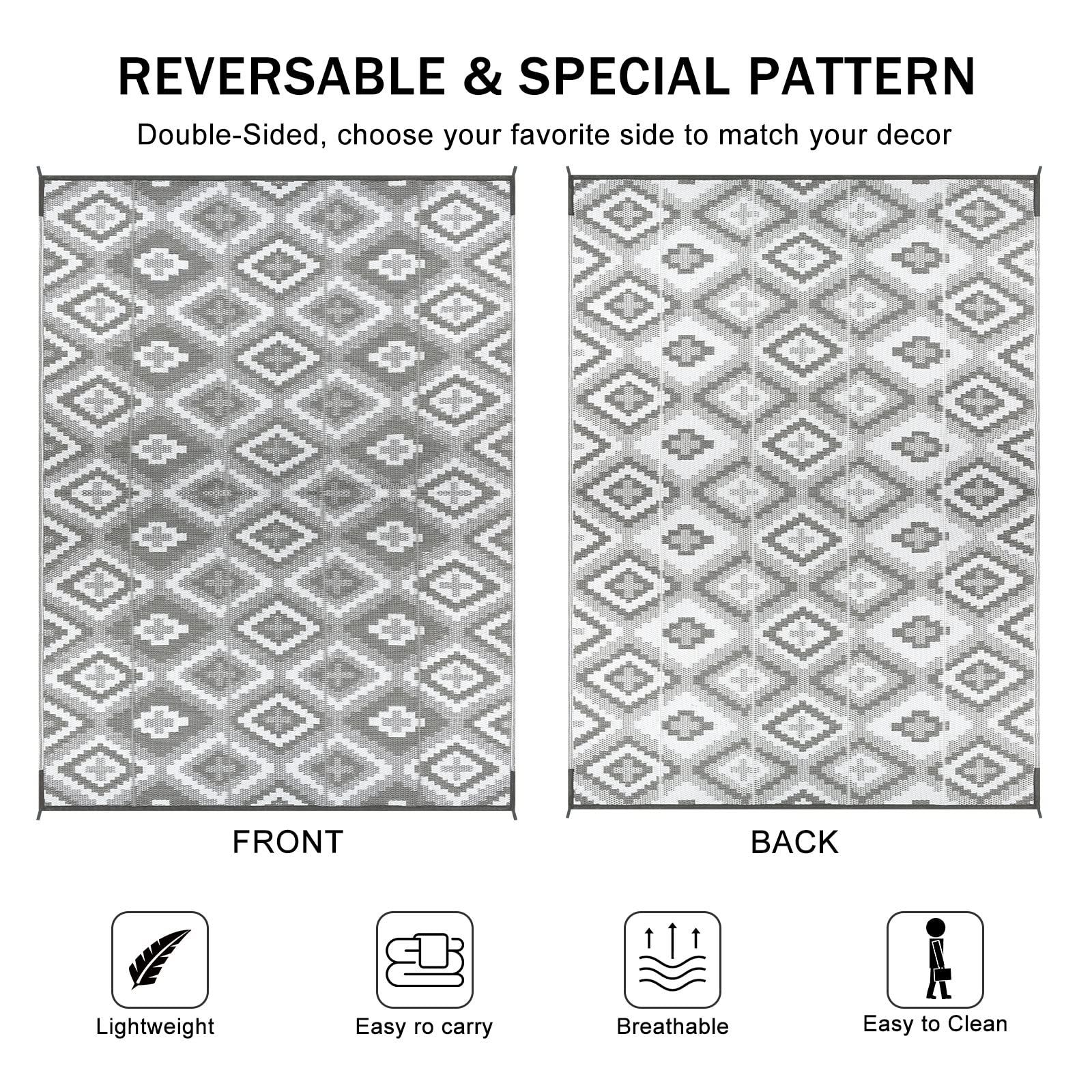 Reversible enyhom large outdoor rug in gray and white geometric pattern made of waterproof plastic straw for garden use