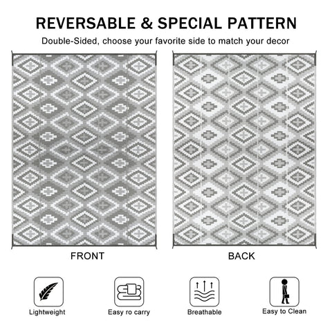 Reversible enyhom large outdoor rug in gray and white geometric pattern made of waterproof plastic straw for garden use