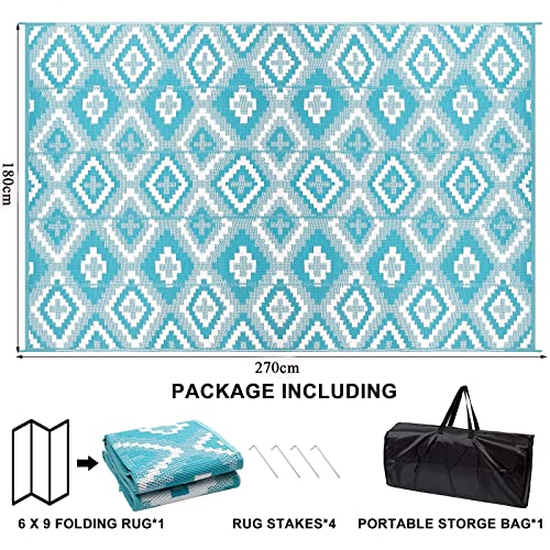 Teal and white geometric pattern enyhom large outdoor rug made of reversible waterproof plastic straw for garden use