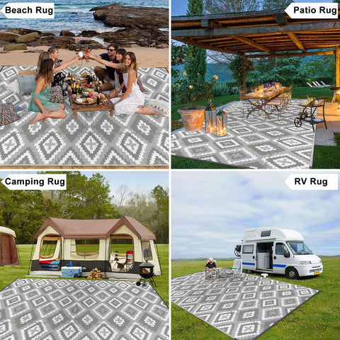 Gray and white geometric patterned enyhom large outdoor rug made of reversible waterproof plastic straw for patio and camping use