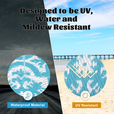 Blue and white patterned waterproof reversible outdoor rug made of plastic straw for garden and patio use