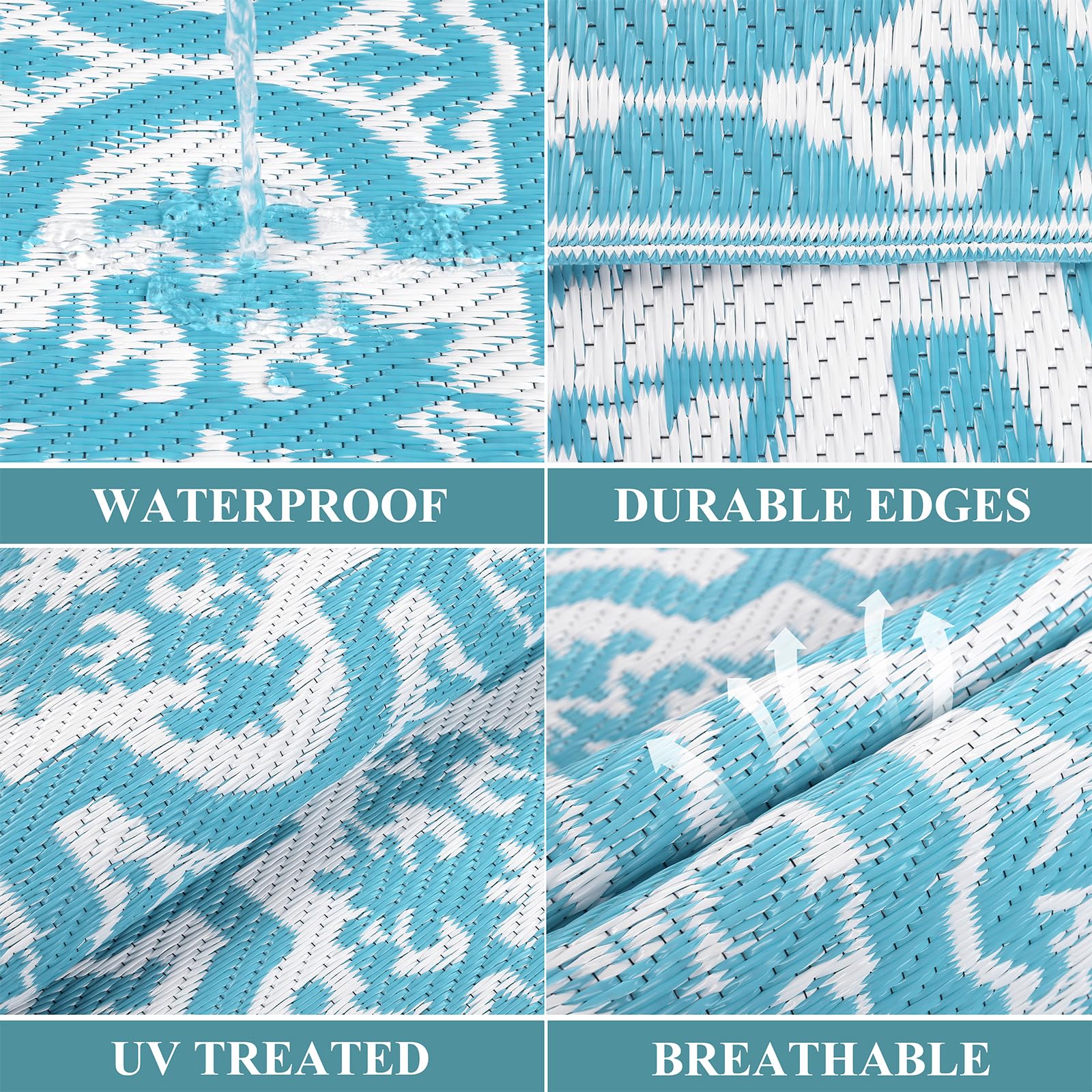 Turquoise and white woven reversible outdoor rug with bold ikat pattern waterproof uv-treated breathable durable edges