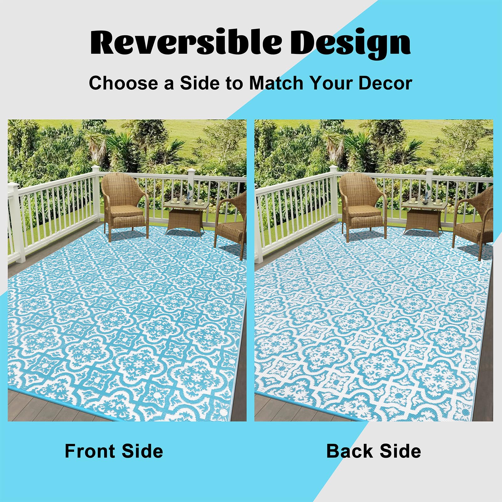 Reversible outdoor rug with light blue and white geometric pattern lightweight waterproof plastic straw carpet for garden use