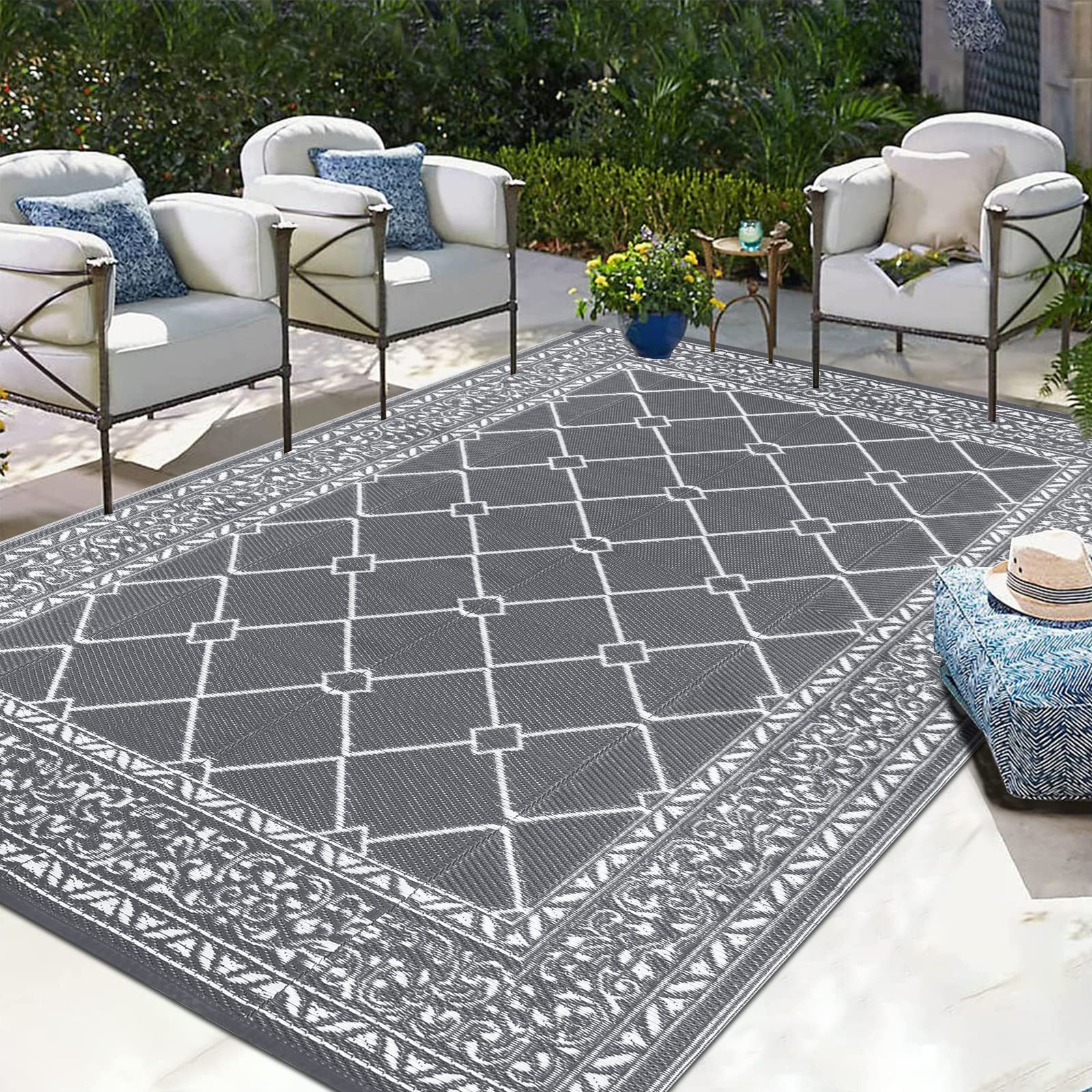 Gray enyhom outdoor rugs with white geometric diamond pattern reversible plastic patio foldable mat for garden use