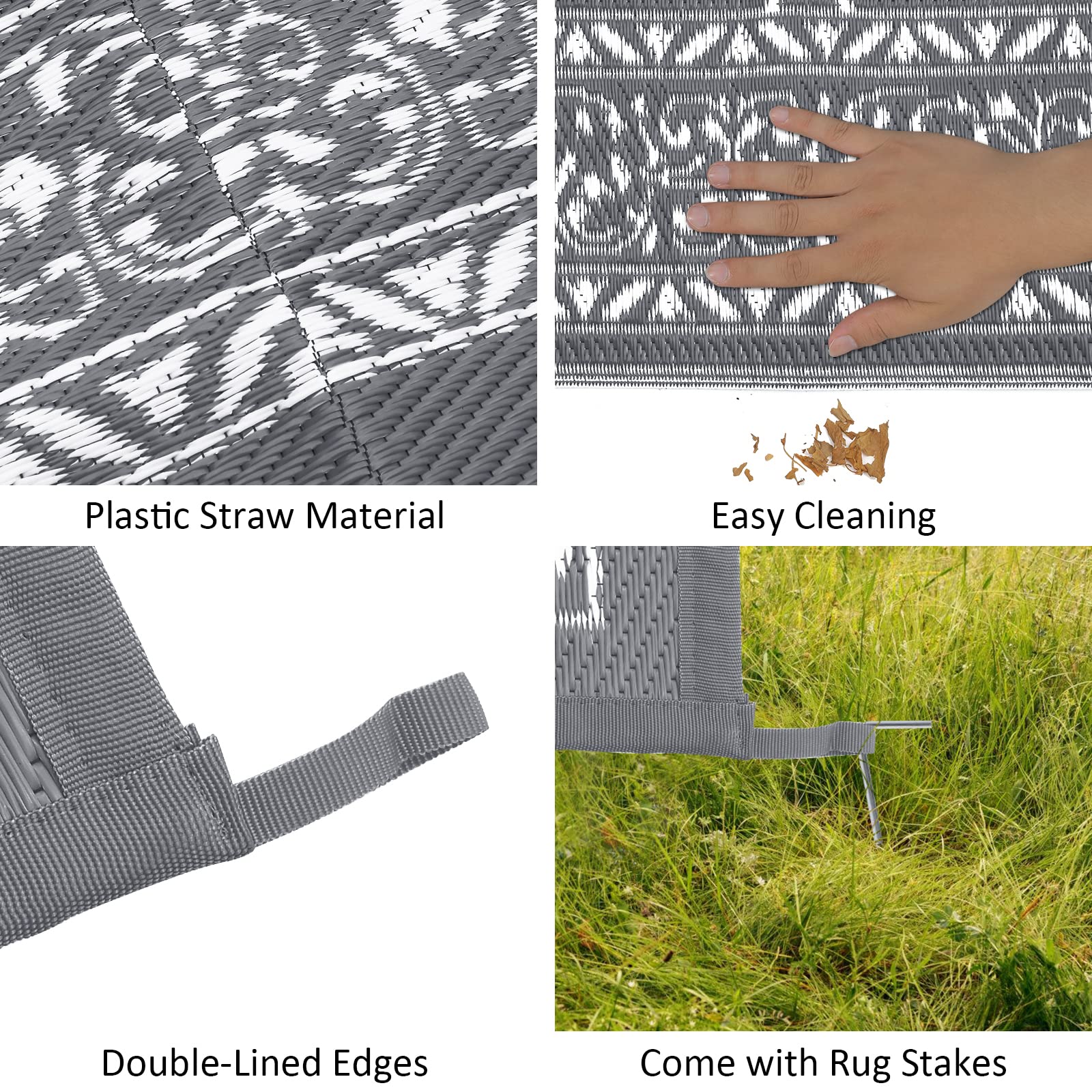 Gray plastic straw woven enyhom outdoor rugs with geometric pattern reversible plastic patio foldable mat edges