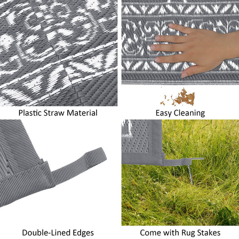 Gray plastic straw woven enyhom outdoor rugs with geometric pattern reversible plastic patio foldable mat edges