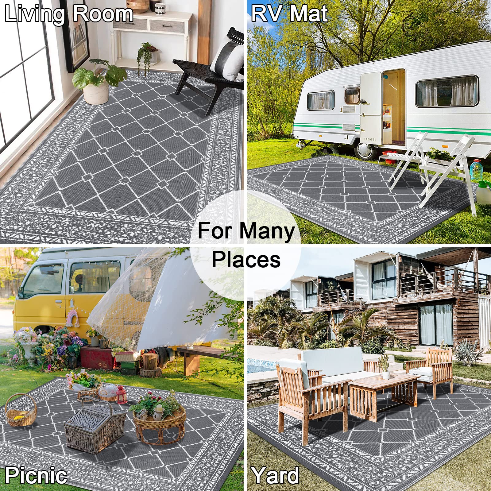 Gray enyhom outdoor rugs with white geometric border reversible plastic patio foldable mat for yard and picnic use