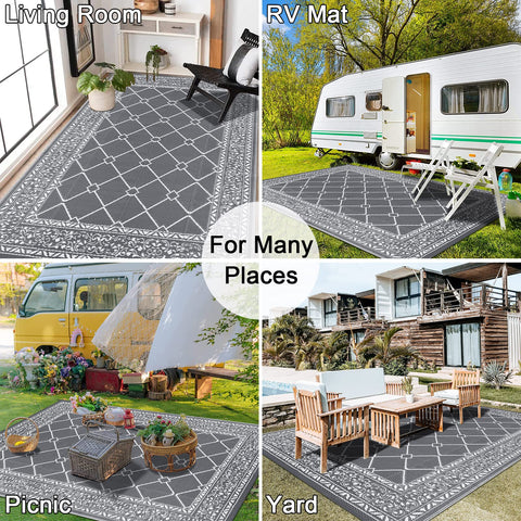 Gray enyhom outdoor rugs with white geometric border reversible plastic patio foldable mat for yard and picnic use
