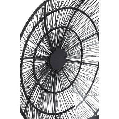 Enzo black wire wall sconce with a black circular chandelier featuring concentric rings and radiating spokes