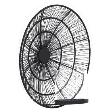 Enzo black wire wall sconce featuring concentric circular metal spiral design with central disc in black wire wall style