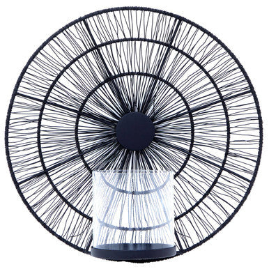 Enzo black wire wall sconce with black wire frame, clear glass base, and central dark circular element