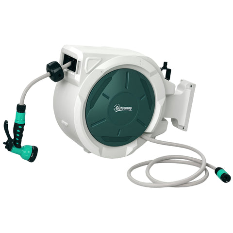 Outsunny Retractable Hose Reel Wall Mounted, 20+2m Garden Hose Pipe Reel with Lock, Auto Rewind, 7 in 1 Spray Nozzle, Includes Wall Fixings, 180\'c2\'b0 Swivel, Outdoor Watering, Light Grey
