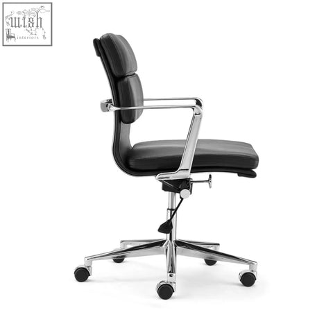 Black leather ergo office chair lowback with chrome metal frame and five-star base for office use