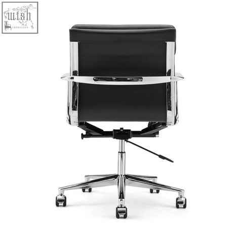 Black leather ergo office chair lowback with chrome metal frame and five-star base for office use