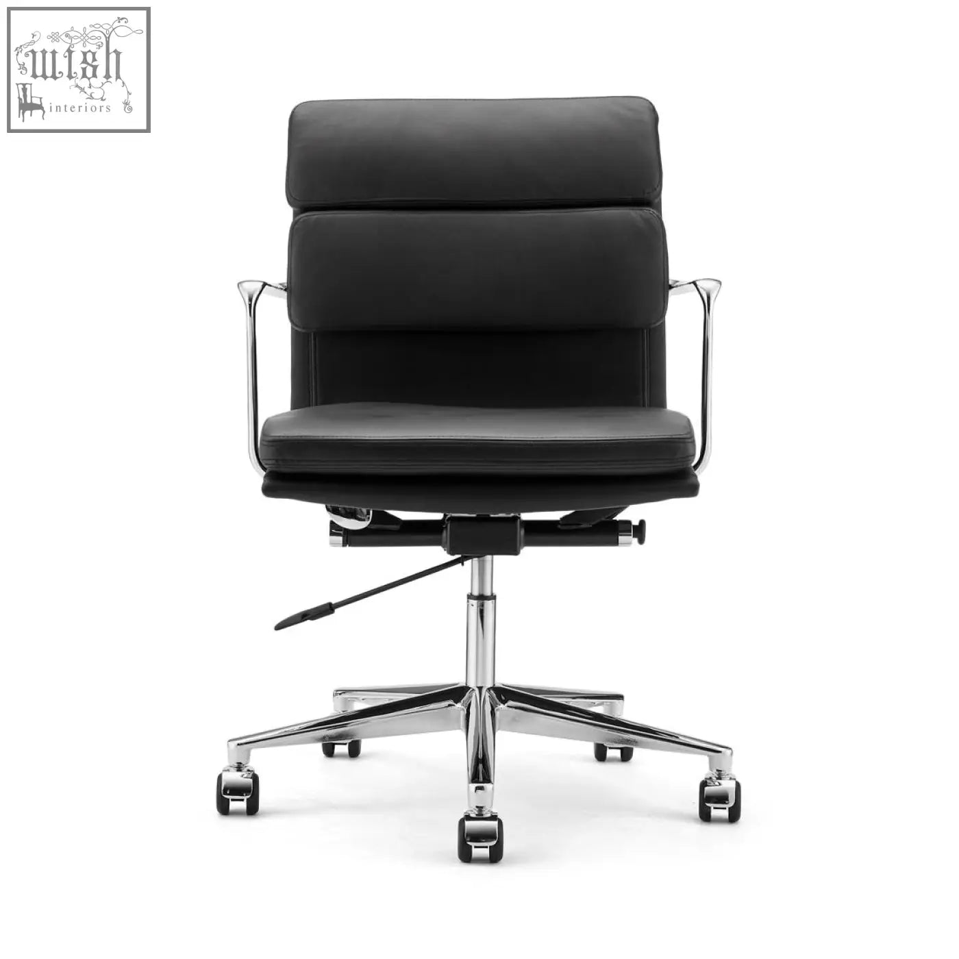 Black leather ergo office chair lowback with chrome armrests and base for comfortable office use