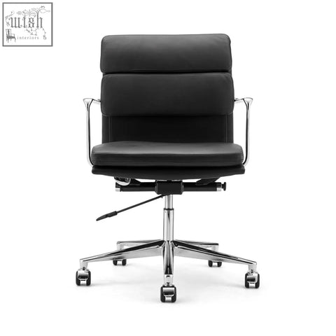 Black leather ergo office chair lowback with chrome armrests and base for comfortable office use