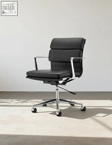 Black leather ergo office chair lowback with chrome metal frame and five-star base for office use