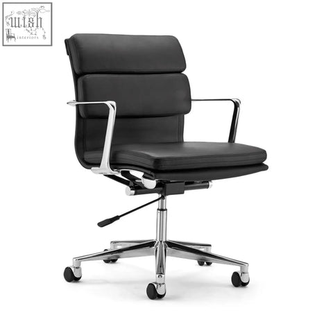 Black leather ergo office chair lowback with chrome armrests and base for comfortable office use