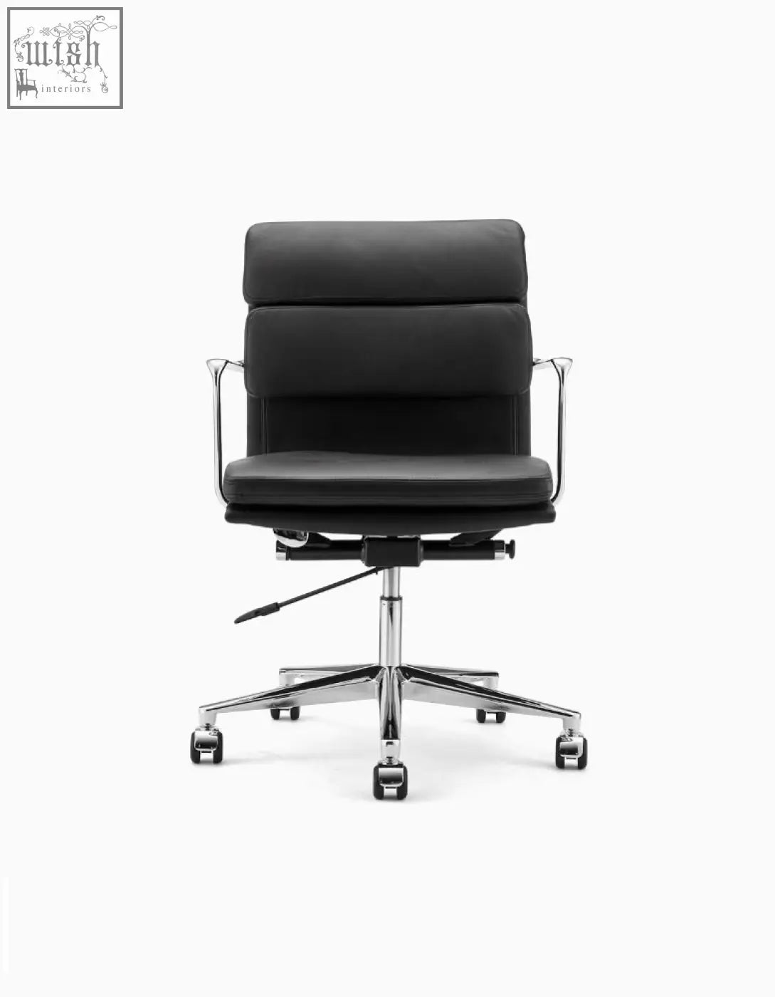 Black leather ergo office chair lowback with chrome metal frame and five-star base for office use