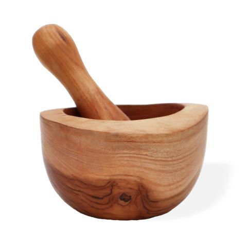 Handcrafted olive wood mortar and teak pestle set with smooth natural finish for easy grinding and crushing