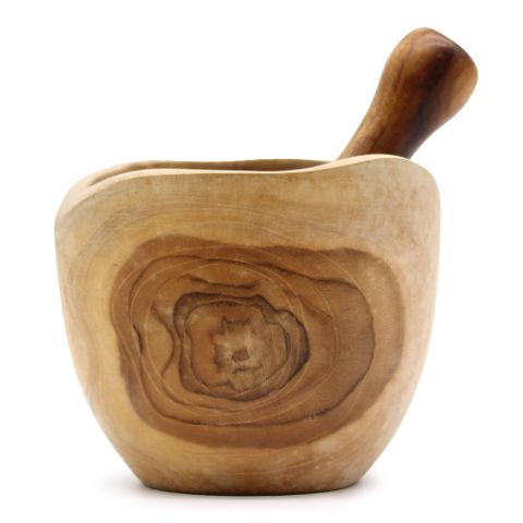 Handcrafted ergonomic teak pestle and large olive wood mortar with natural grain and warm earthy tones for grinding