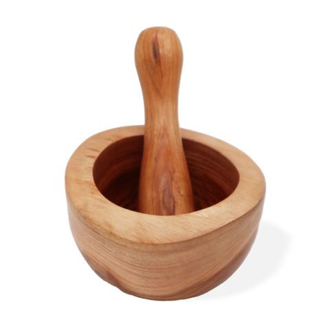 A smooth light brown teak pestle and mortar set designed for easy grinding and crushing in the kitchen
