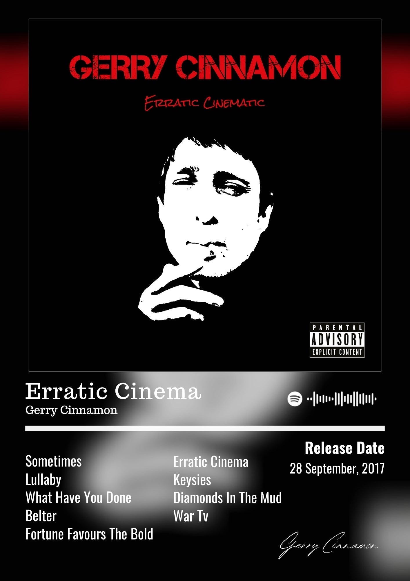 Black and white gerry cinnamon erratic cinema album poster featuring a stylized portrait with red text at the top