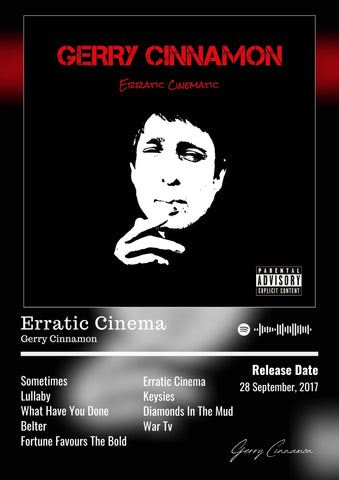 Black and white gerry cinnamon erratic cinema album poster featuring a stylized portrait with red text at the top