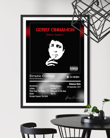 Black and white framed gerry cinnamon erratic cinema album poster with bold red text portrait tracklist and signature